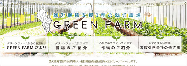 愛知県丹羽郡の知的障がい者就労継続施設B型「MODSグリーンファーム」です。こまつな・バジル・水菜・チンゲン菜などをビニールハウスで水耕栽培しています。